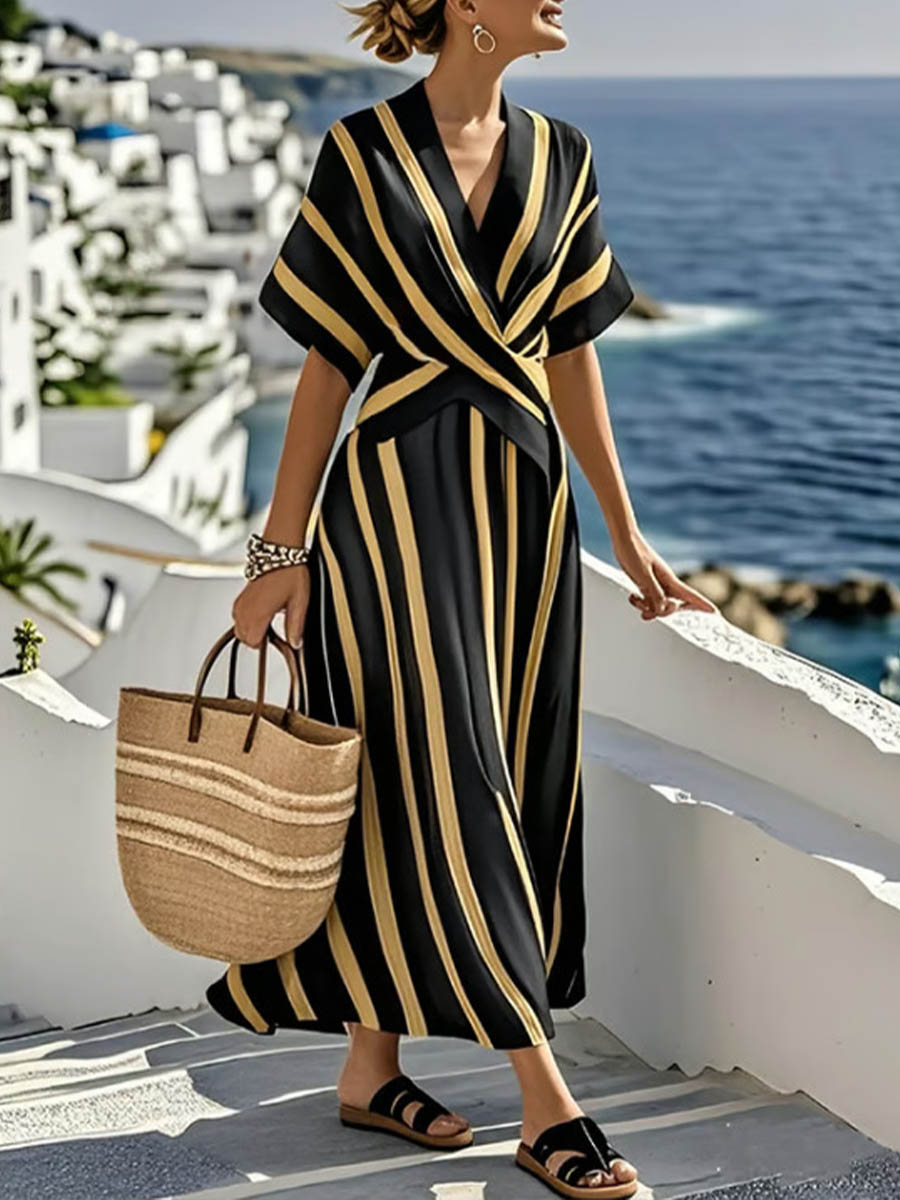 Women's Striped Print V-neck Short-sleeve Casual Loose Cotton-linen Dress