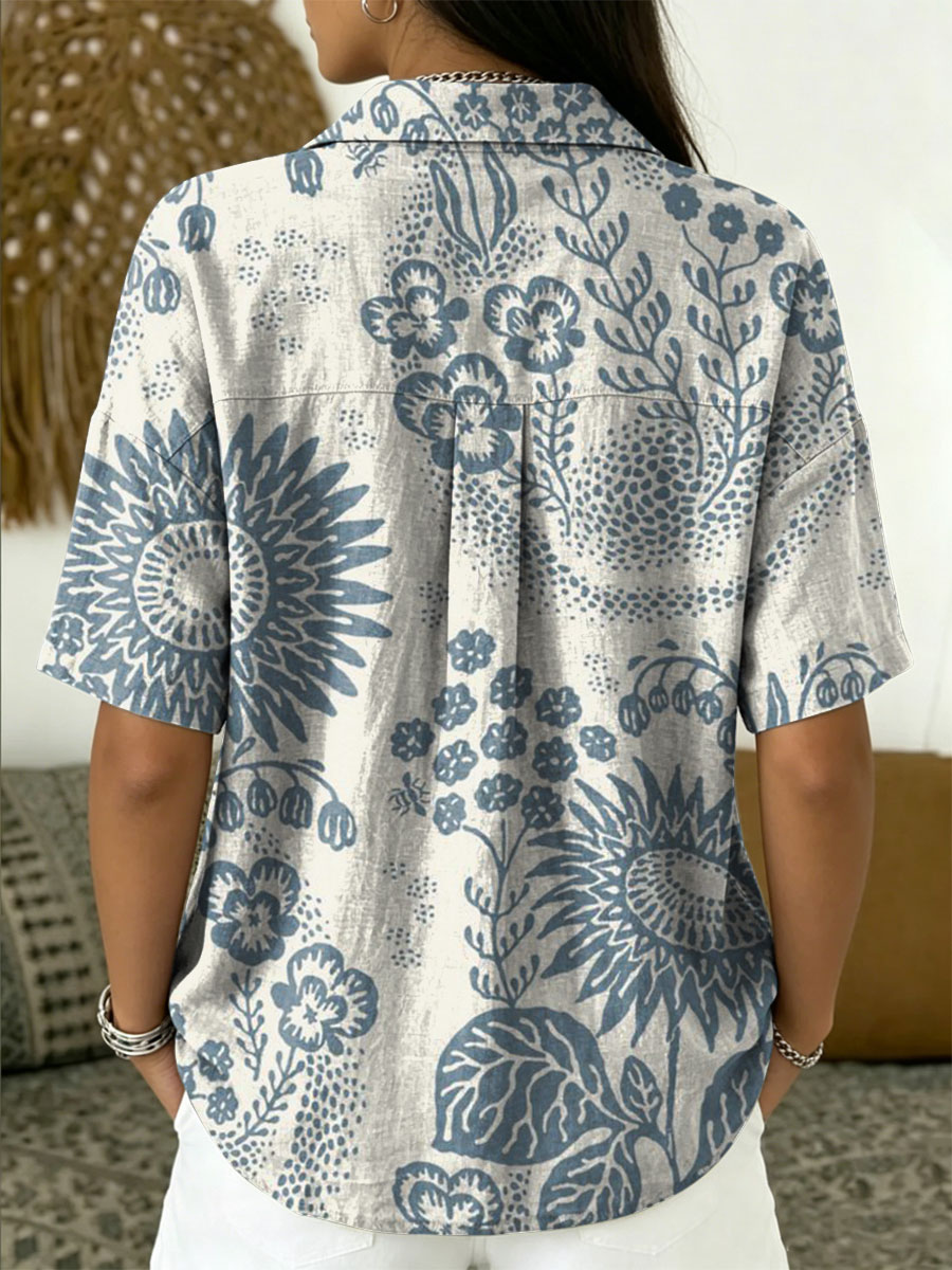 Women's Vintage Botanical Floral Casual Polo Collar Short-sleeved Linen And Cotton Shirt