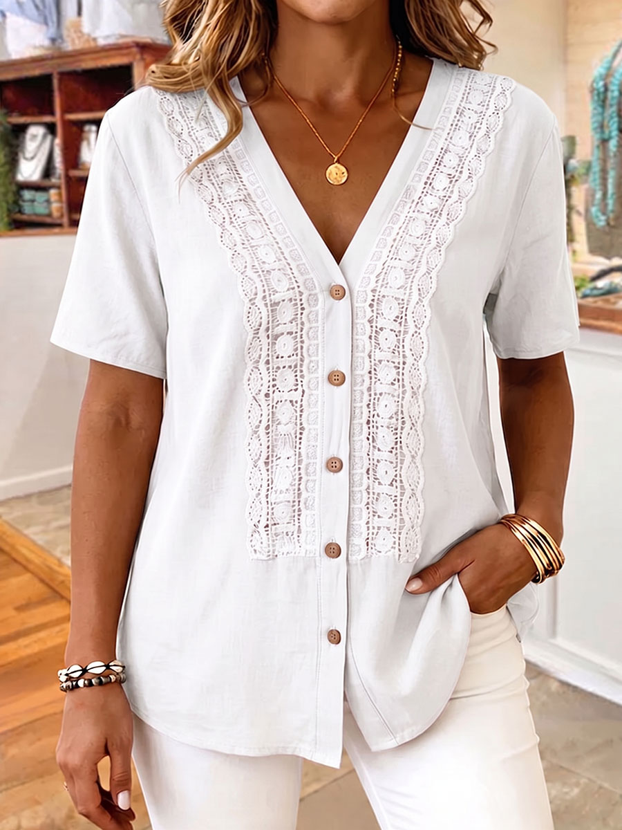 Women's Solid-color V-neck Short-sleeve Casual Loose Cotton-linen Top