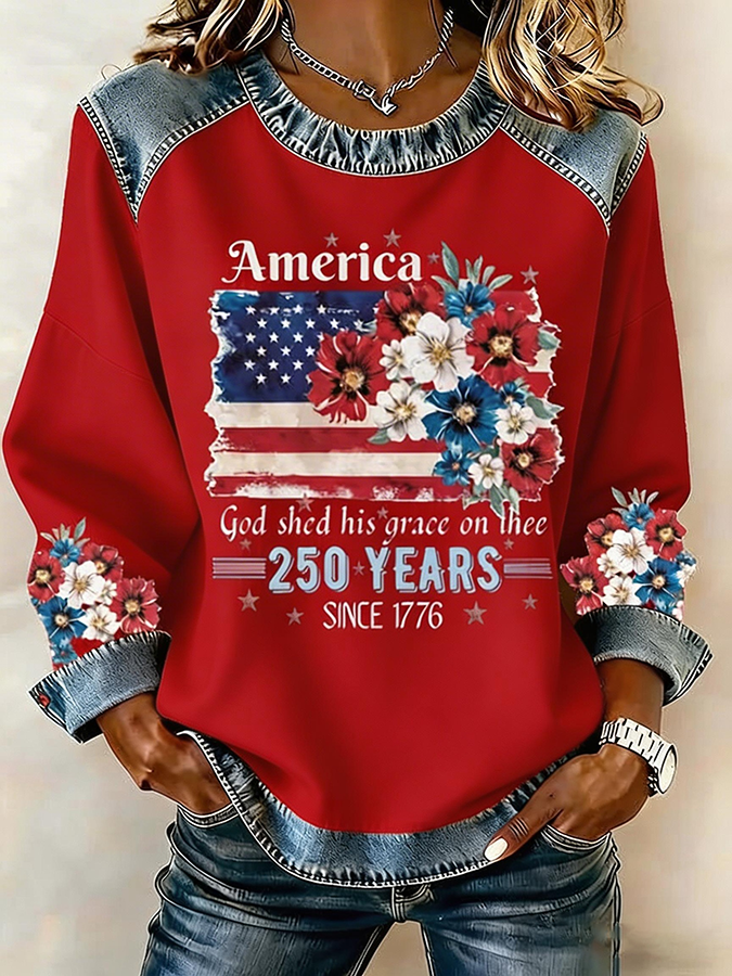Women's 250th Anniversary National Flag Floral Print Waffle Sweatshirt-Comfort & Reliable