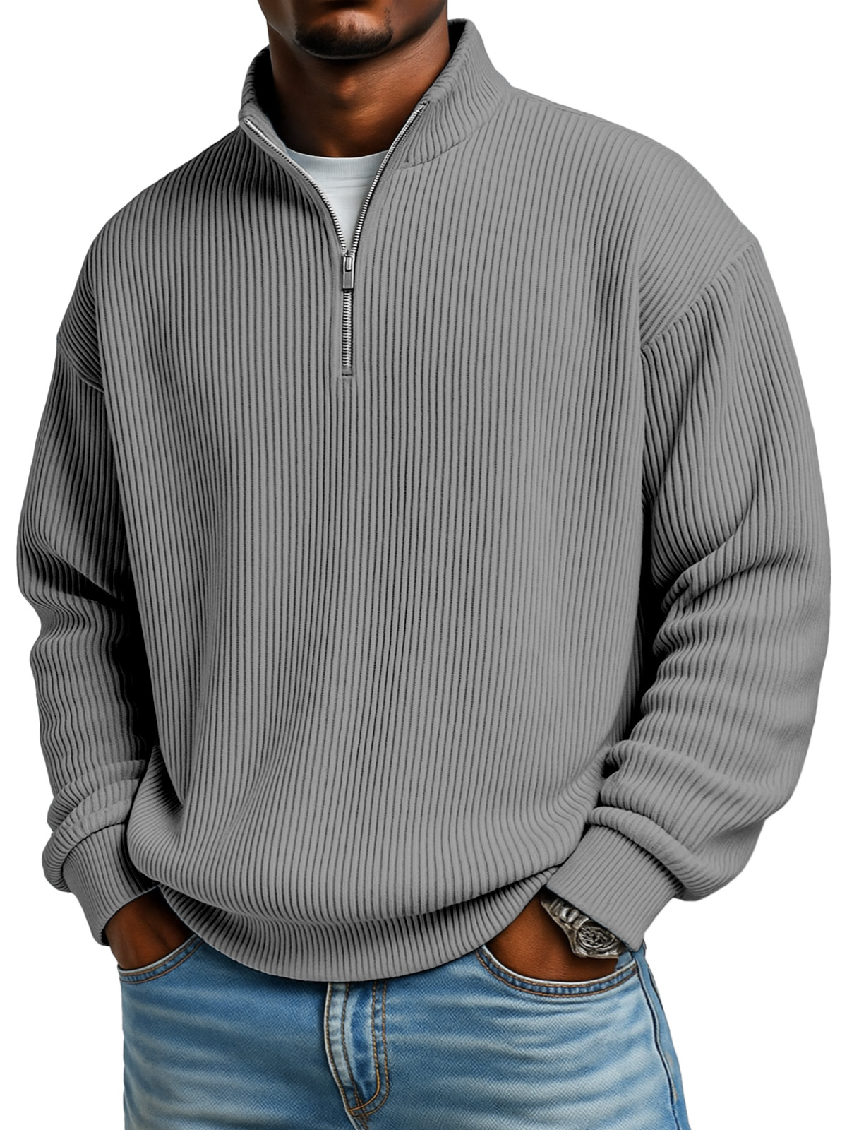 Men's Simple Casual Ribbed Stand Collar Zipper Long Sleeve T-shirt-Comfort & Reliable