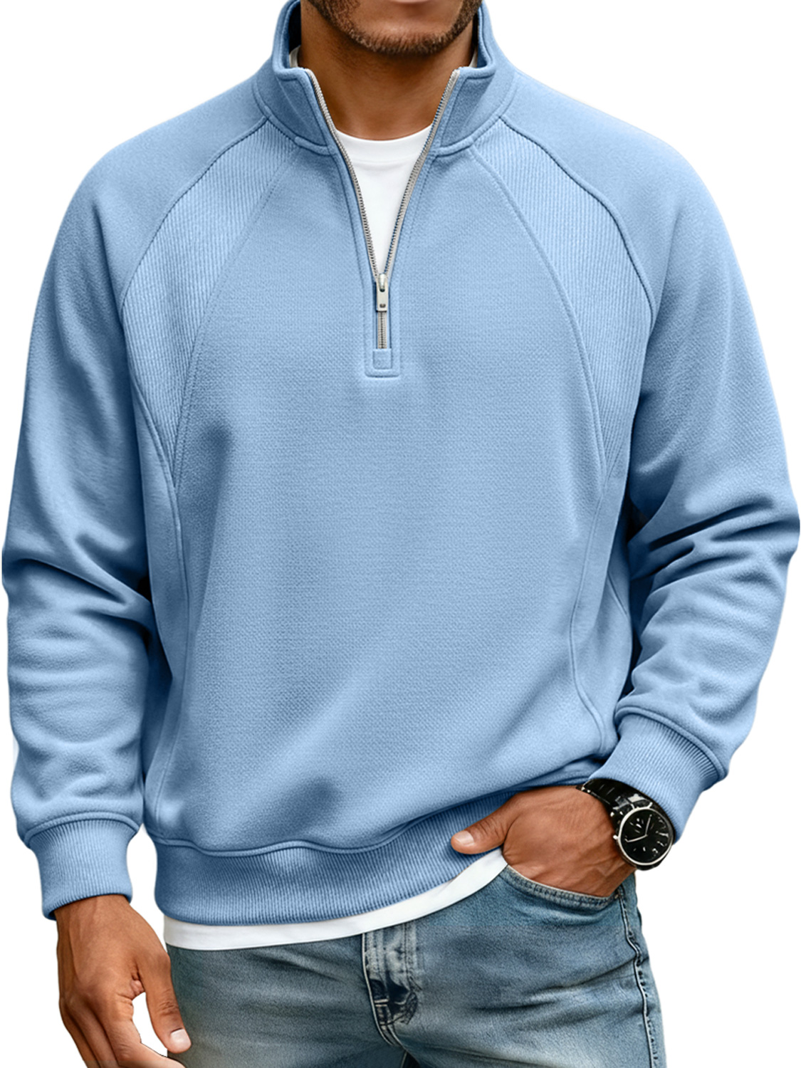 Men's Simple Raglan Stitching Stand Collar Zipper Casual Loose Sweatshirt-Comfort & Reliable