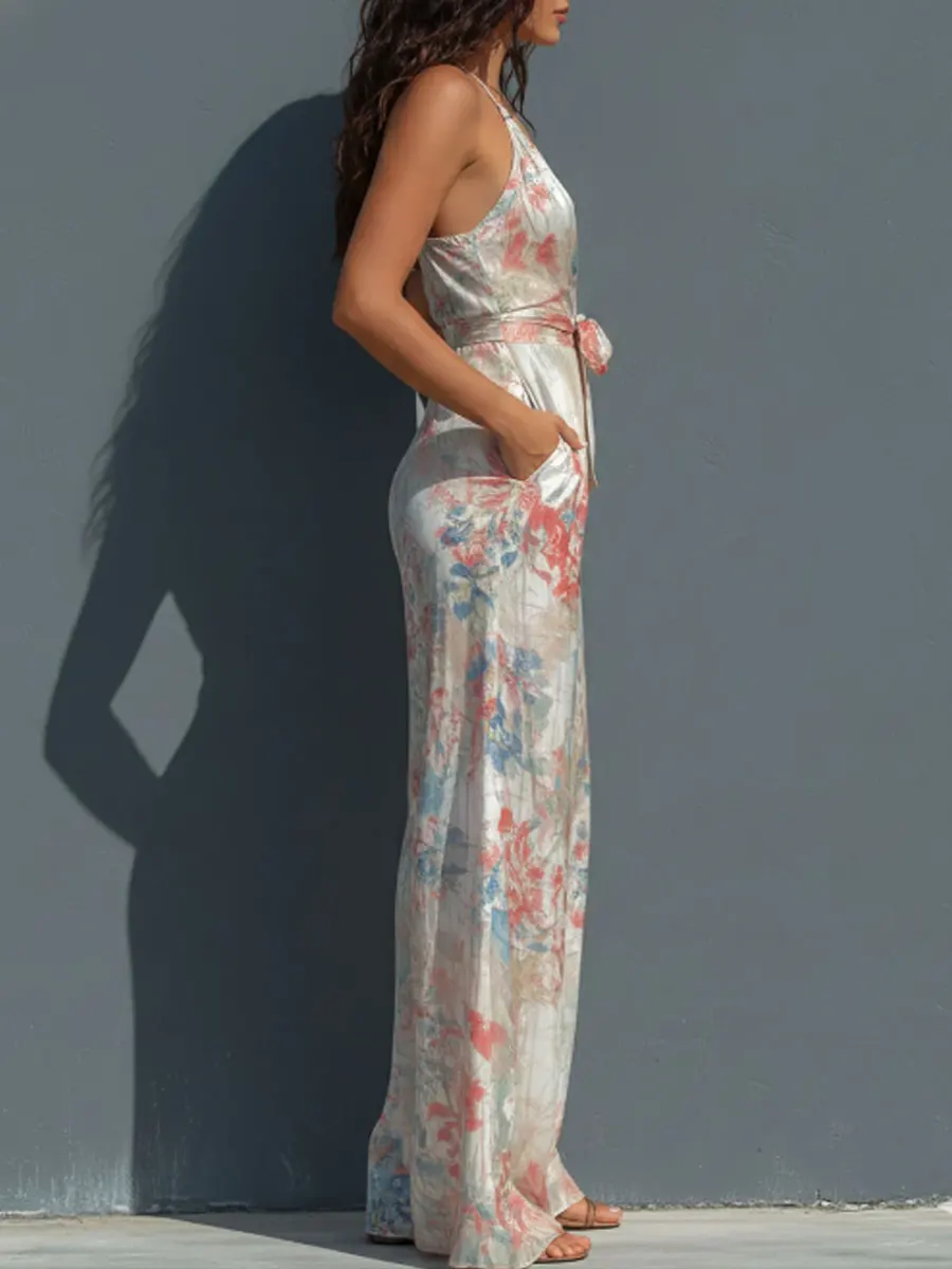 Women's Vintage Print V-neck Jumpsuit