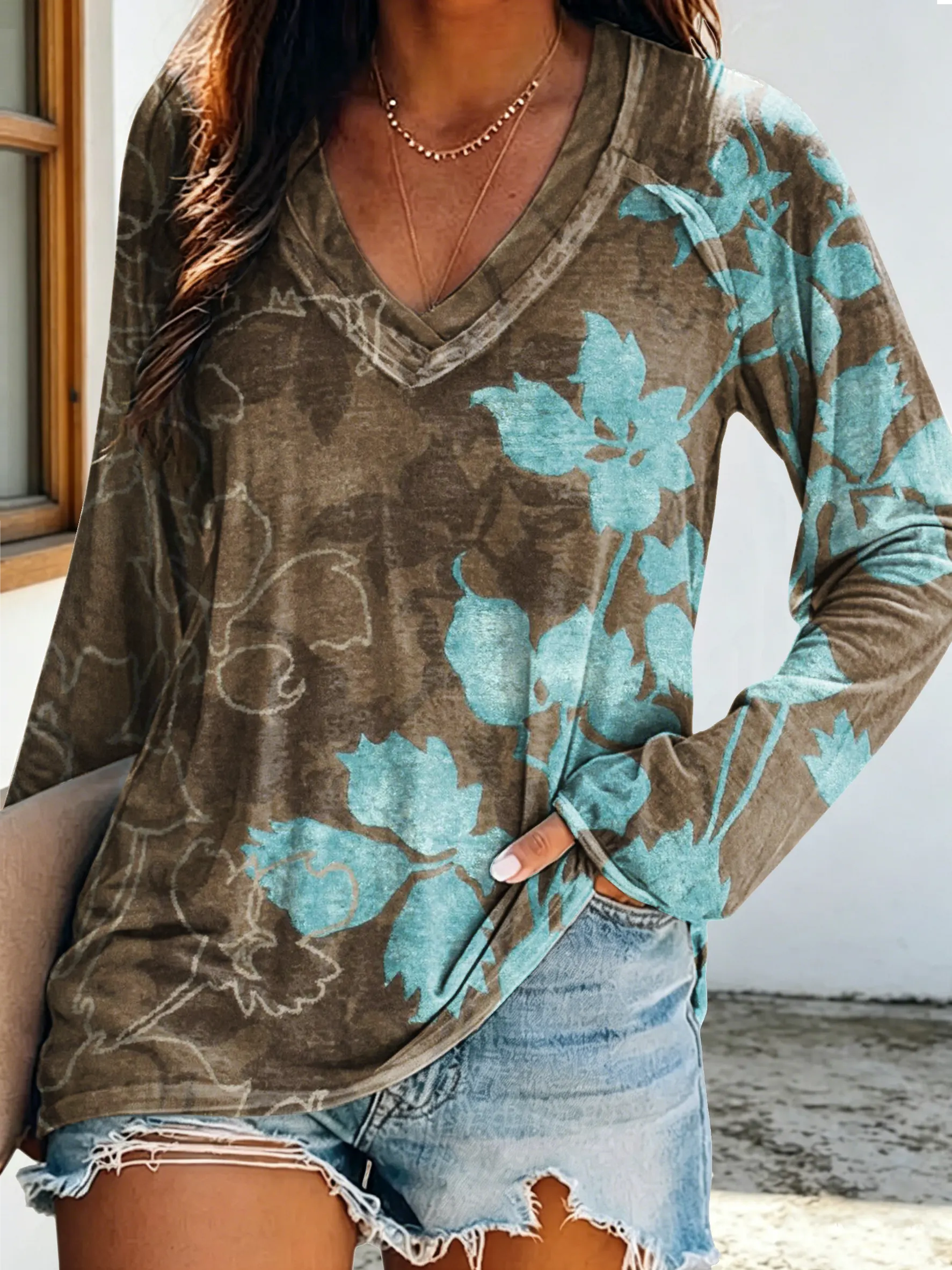 Women's Casual Vintage Floral Art Print V Neck Long Sleeve Tops