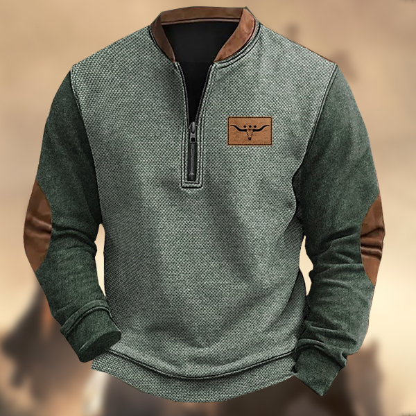 Men's Vintage Western Print Zipper Stand Collar Casual Sweatshirt-Comfort & Reliable
