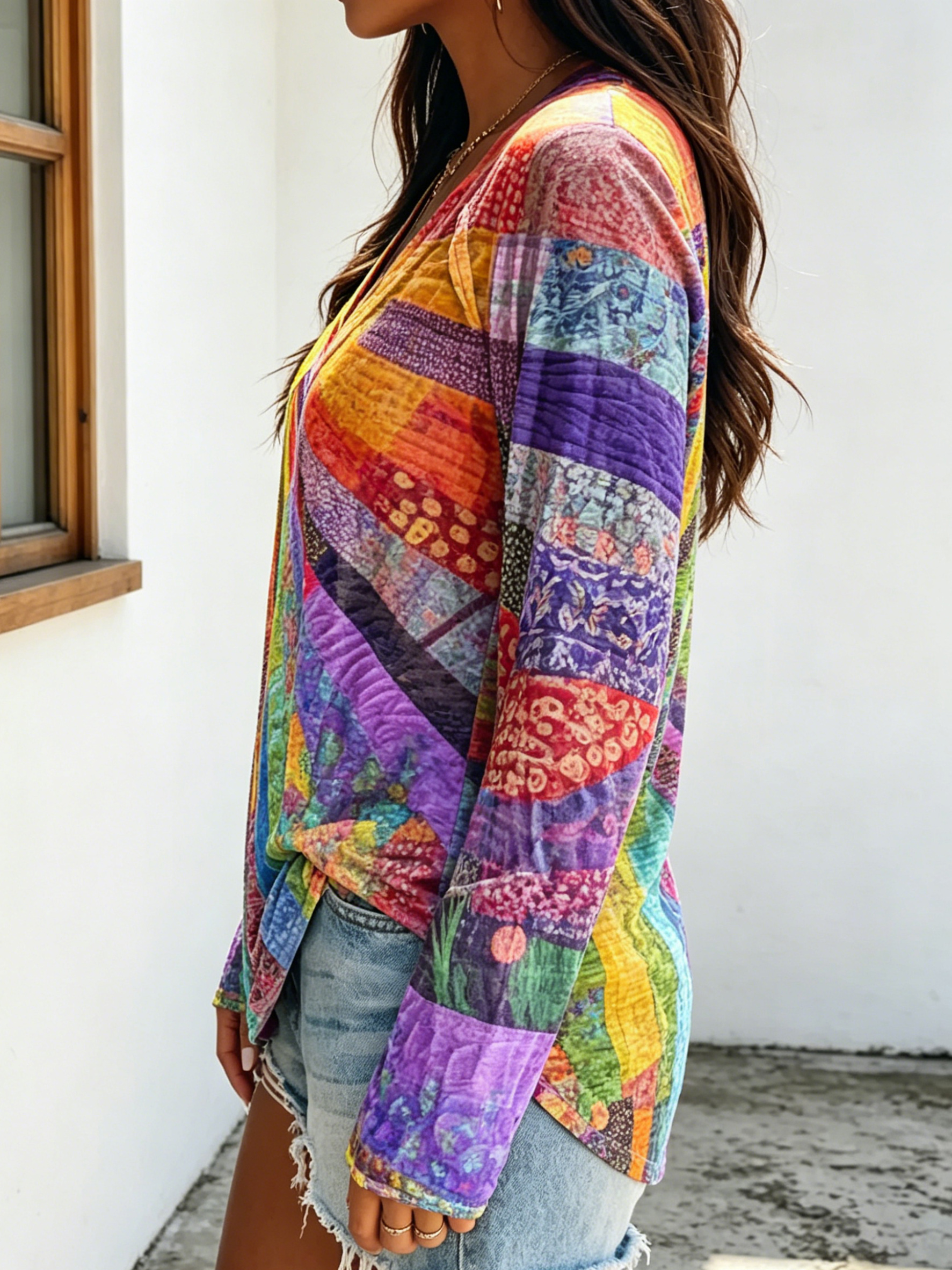 Women's Casual Vintage Sun Rainbow Floral Art Print V Neck Long Sleeve Tops