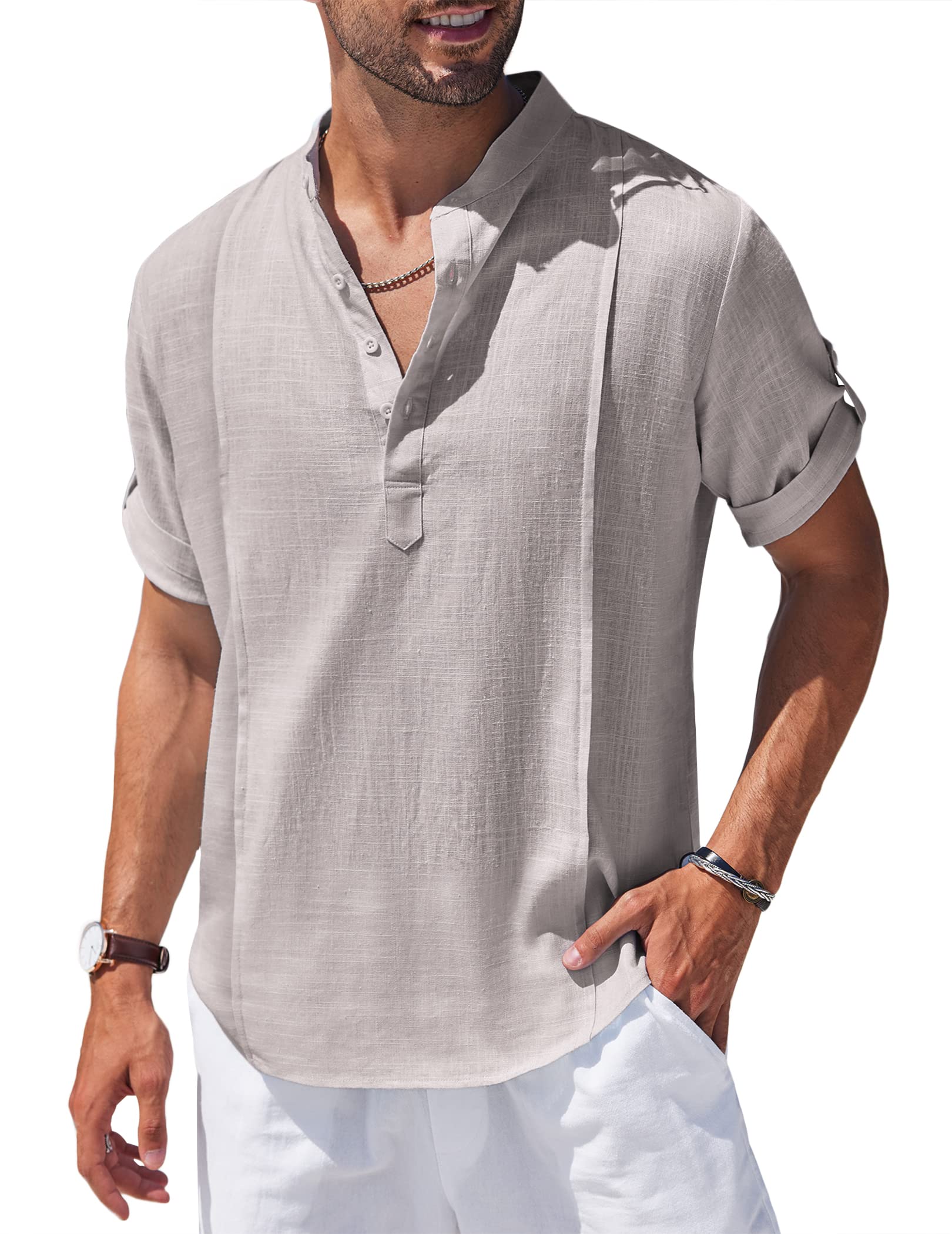 Men's Linen Cotton Henley Shirt Casual Beach Hippie Shirts Short Sleeve T Shirts-Comfort & Reliable