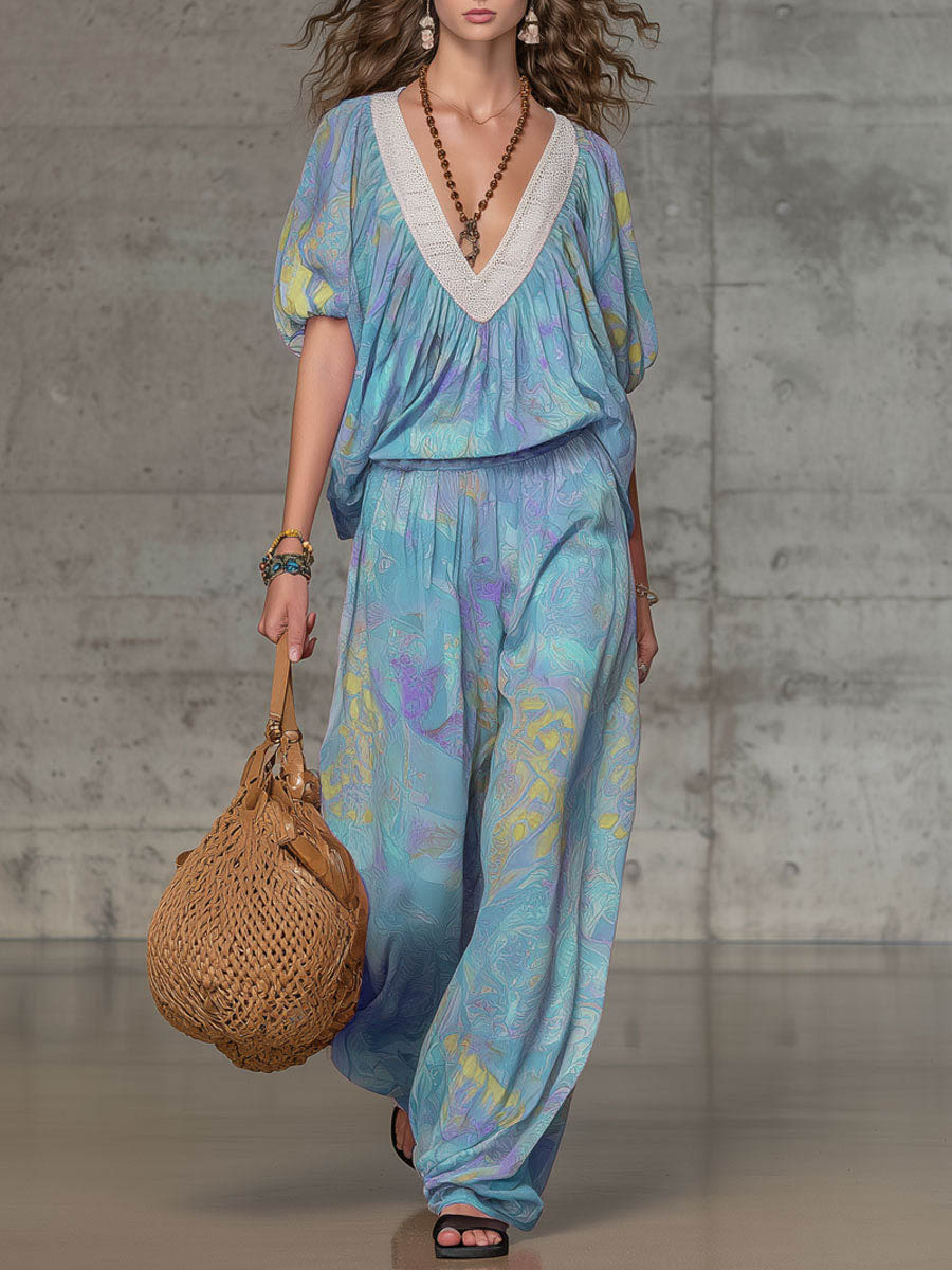 Women's Abstract Print V-neck Short-sleeve Loose-fit Top & Elastic-waist Wide-leg Pants Set