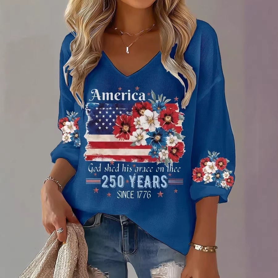 Women's American 250th Anniversary Three-Quarter Sleeve V-Neck Top