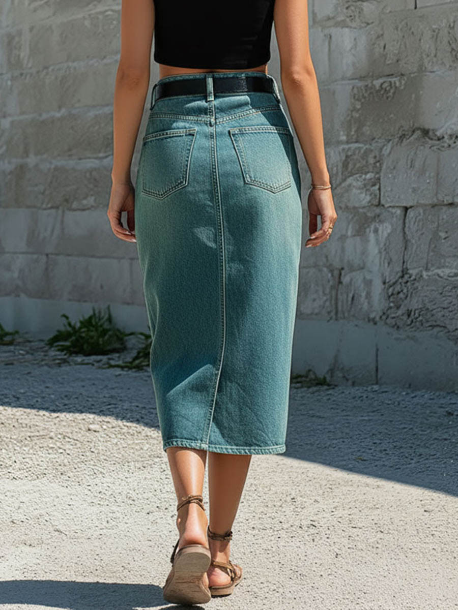 Women's High-waisted Casual Slim-fit Pencil Denim Skirt With Slit