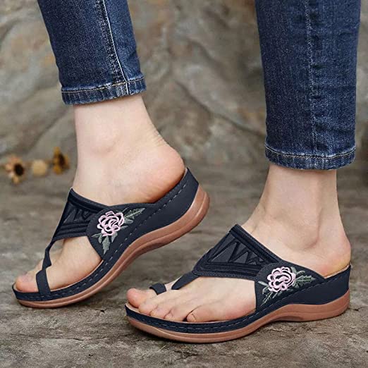 Women's clip toe floral embroidered orthopaedic sandals-Comfort & Reliable
