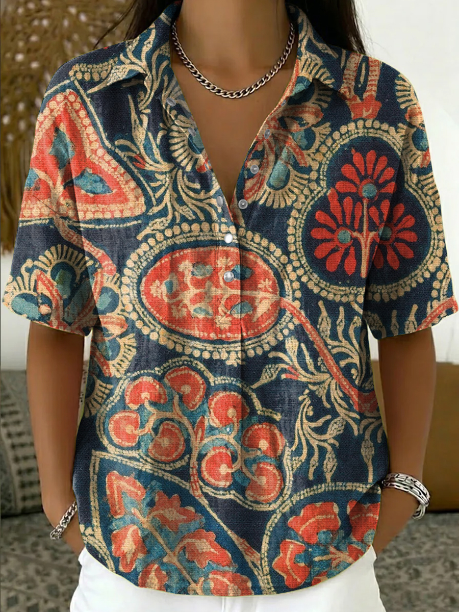 Retro Ethnic-style Floral Print Short-sleeve Shirt With Turn-down Collar