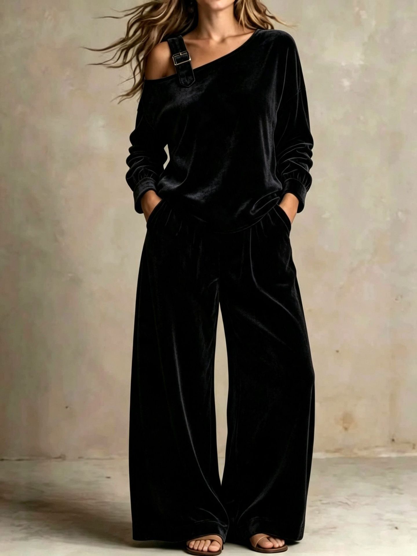 Women’s Velvet One-Shoulder Wide-Leg Two-Piece Set