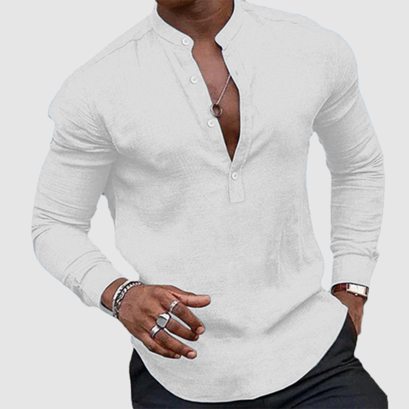 Men's casual plus-size top cotton linen loose stand-collar long sleeve shirt-Comfort & Reliable