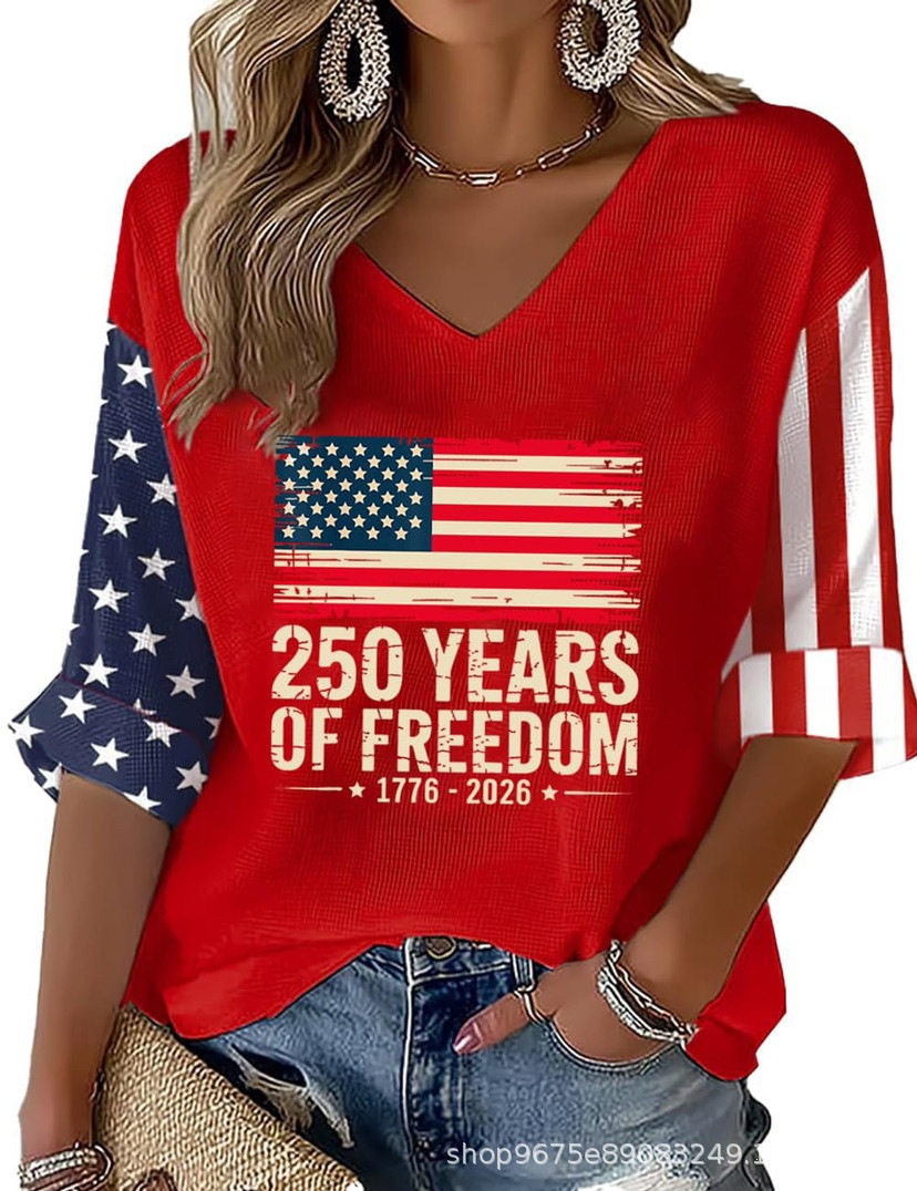 Women's American 250th Anniversary Three-Quarter Sleeve V-Neck Top