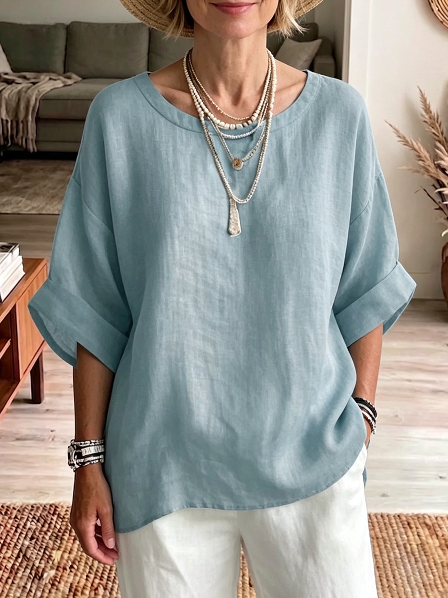New Arrivals🔥Minimalist Boat-neck Cotton-linen Shirt With Batwing Sleeves