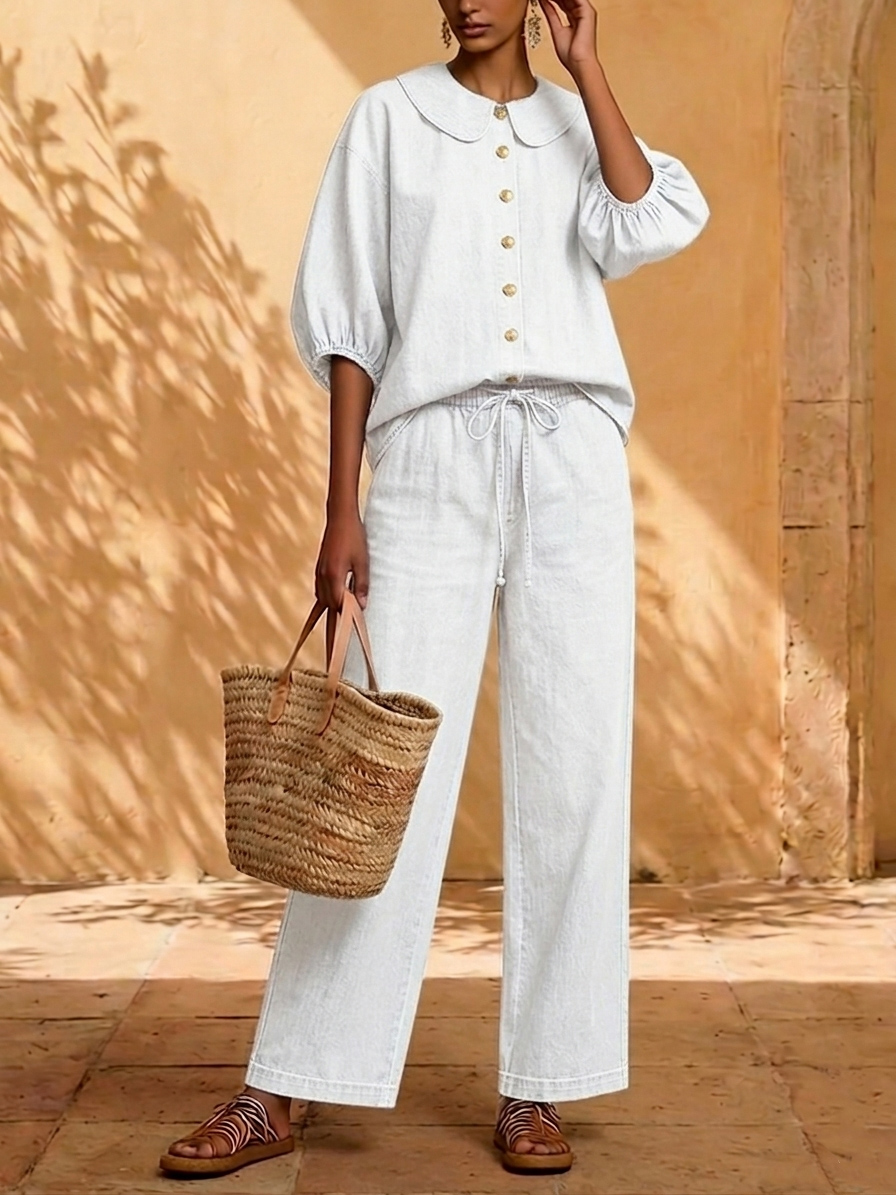New Arrivals🔥 Stylish Peter Pan Collar Shirt and Wide-leg Pant Denim Two-piece Set