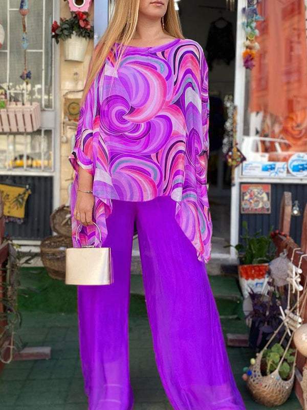 Women Colorful Chiffon Set Summer Casual Crew Neck Printed Two Piece Suit-Comfort & Reliable