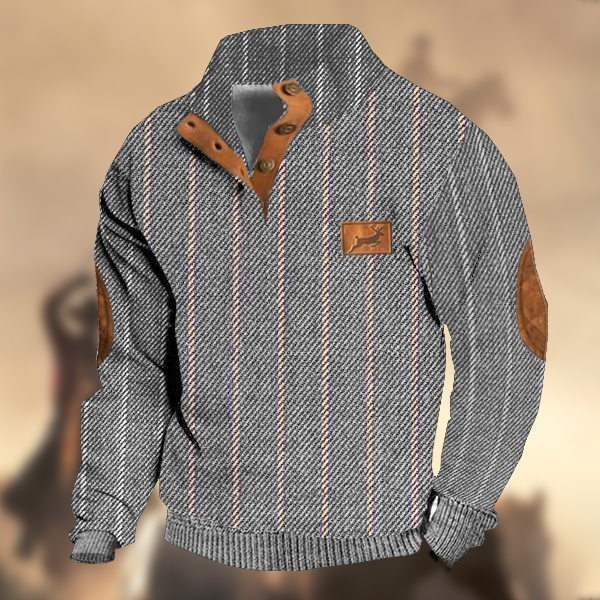 Men's Retro Country Casual Twill Wool Elk Logo Stand Collar Button Sweatshirt-Comfort & Reliable