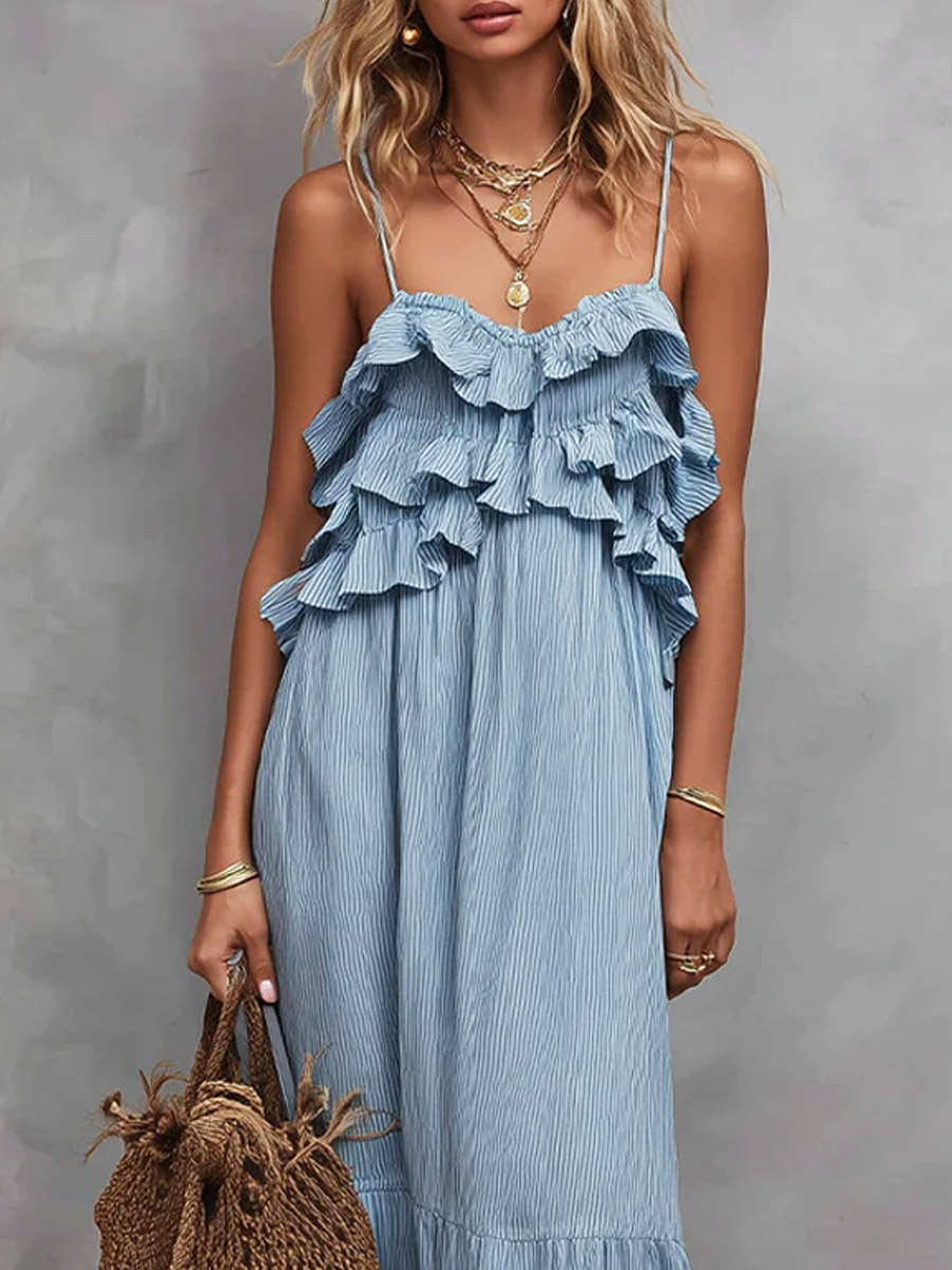 Women's Stripe Ruffled Art Casual Stylish Comfortable Cotton Linen Dress
