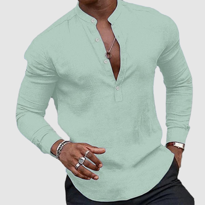 Men's casual plus-size top cotton linen loose stand-collar long sleeve shirt-Comfort & Reliable