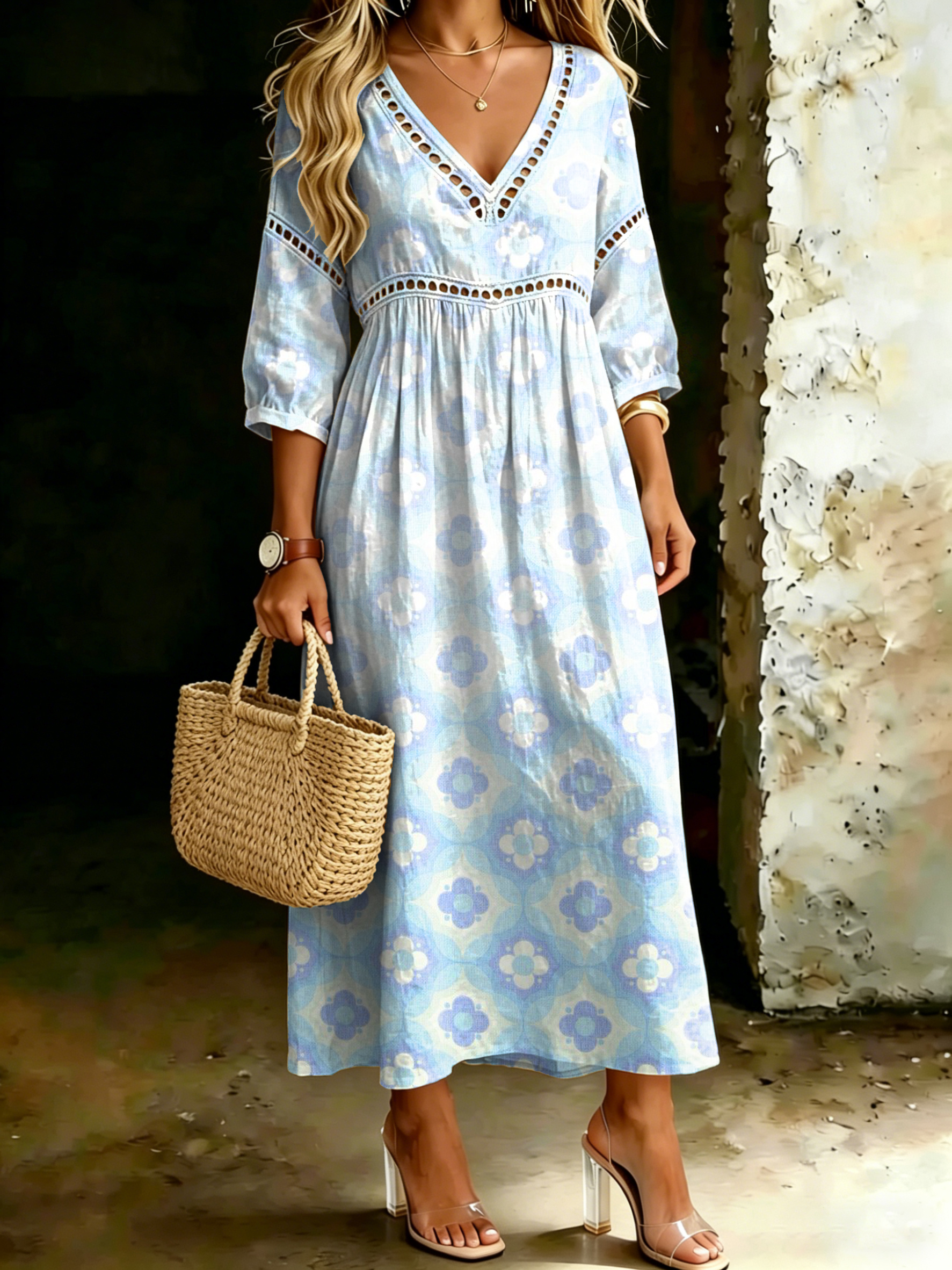 Women's Blue Gradient Geometric Floral Casual Stylish Vacation Cotton Dress