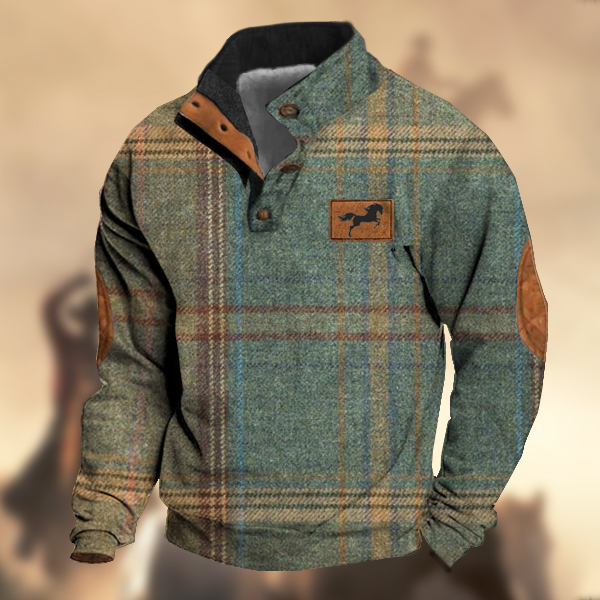 Men's Vintage Country Horse Retro Blue Wool Check Print Stand Collar Sweatshirt-Comfort & Reliable