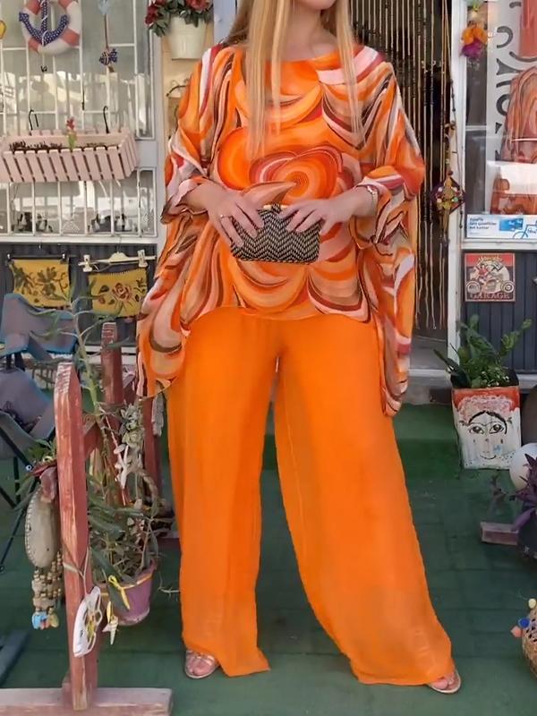 Women Colorful Chiffon Set Summer Casual Crew Neck Printed Two Piece Suit-Comfort & Reliable
