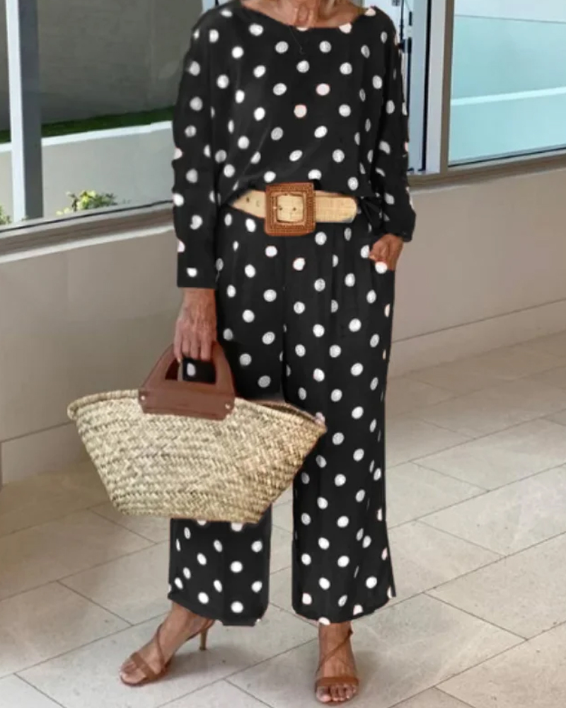 Polka dot long sleeve top wide leg pants set-Comfort & Reliable