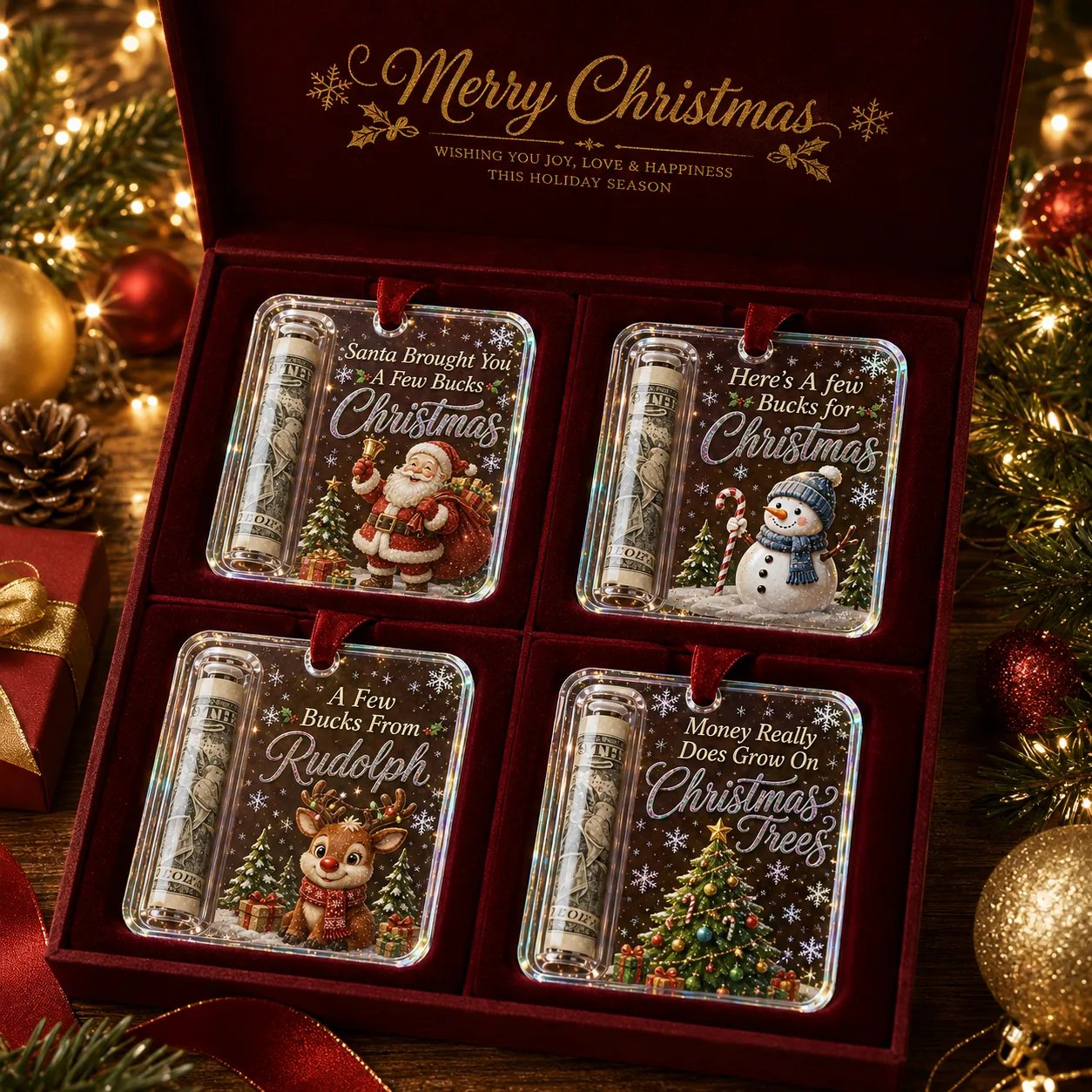 Crystal-clear Christmas cash ornament