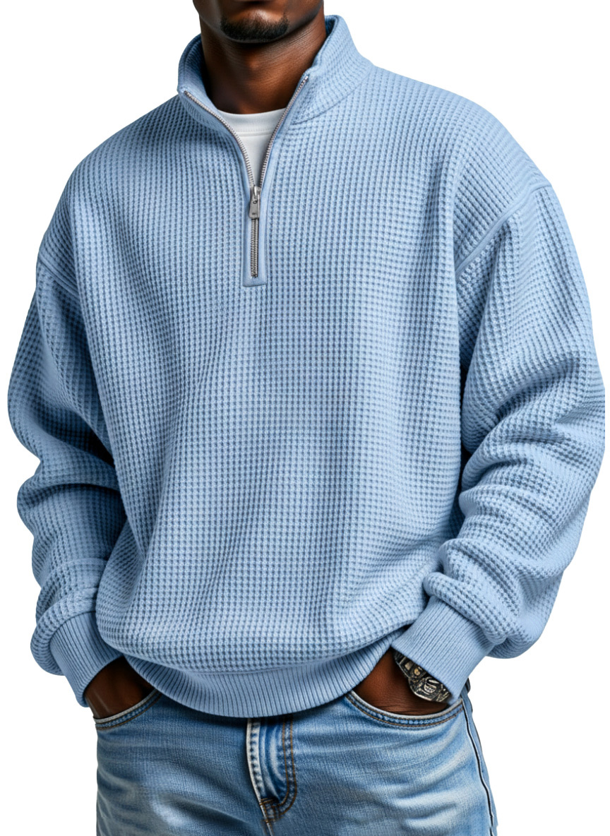 Men's Daily Loose And Simple Waffle Half-zip Stand Collar Long-sleeved Polo Shirt-Comfort & Reliable