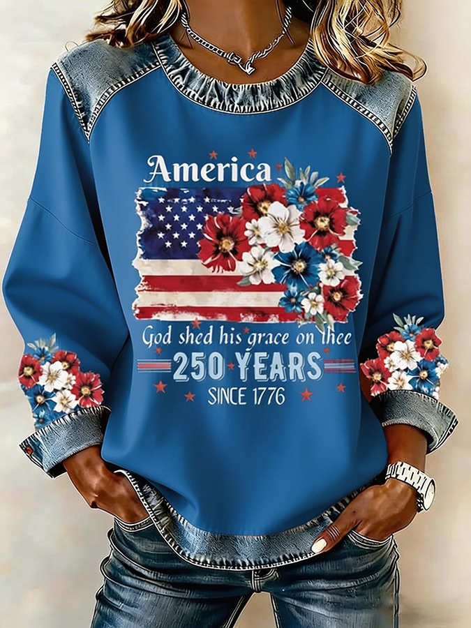 Women's 250th Anniversary National Flag Floral Print Waffle Sweatshirt-Comfort & Reliable