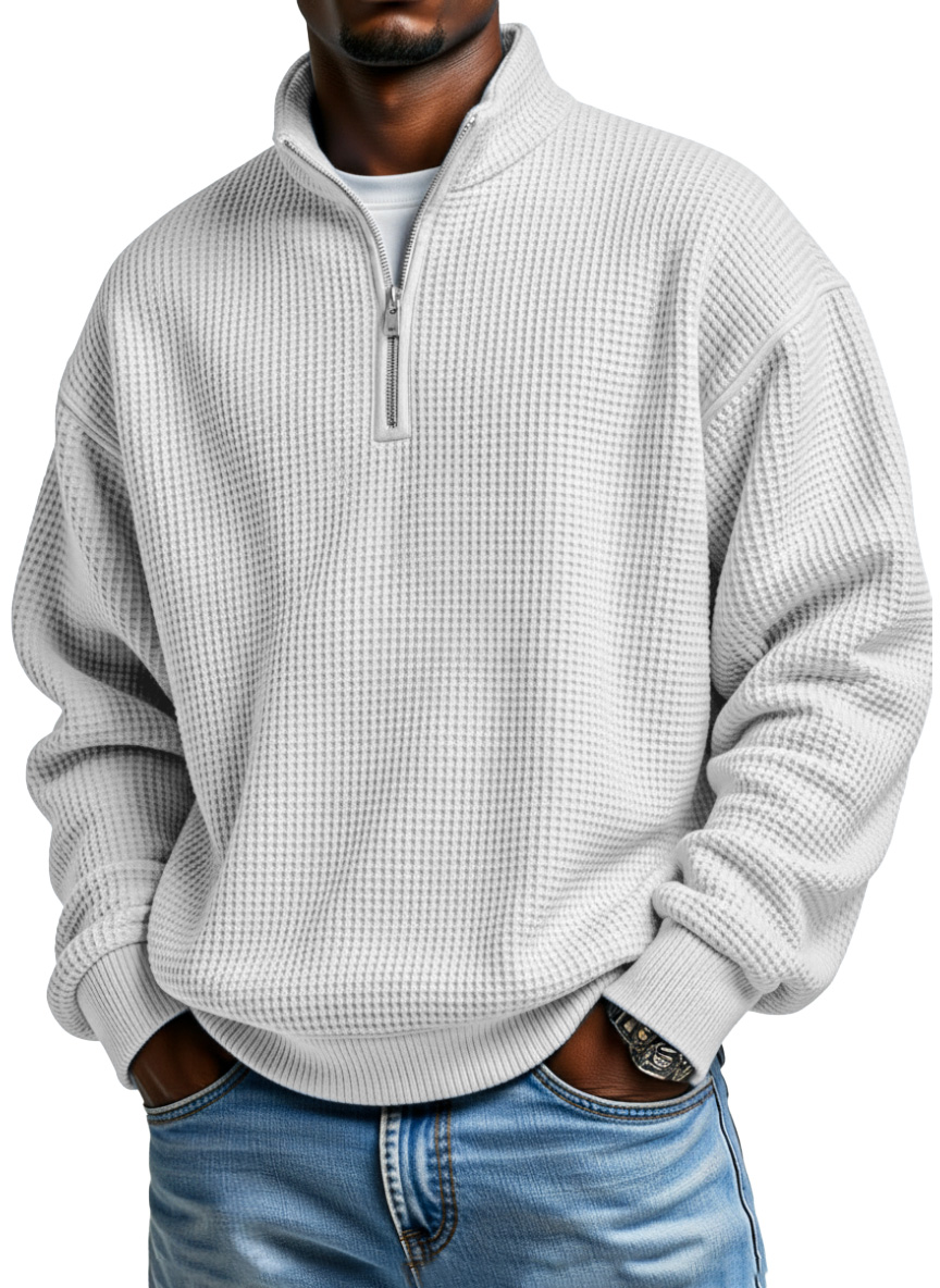 Men's Daily Loose And Simple Waffle Half-zip Stand Collar Long-sleeved Polo Shirt-Comfort & Reliable