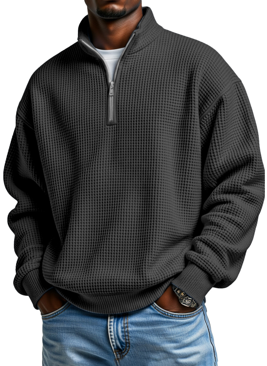Men's Daily Loose And Simple Waffle Half-zip Stand Collar Long-sleeved Polo Shirt-Comfort & Reliable