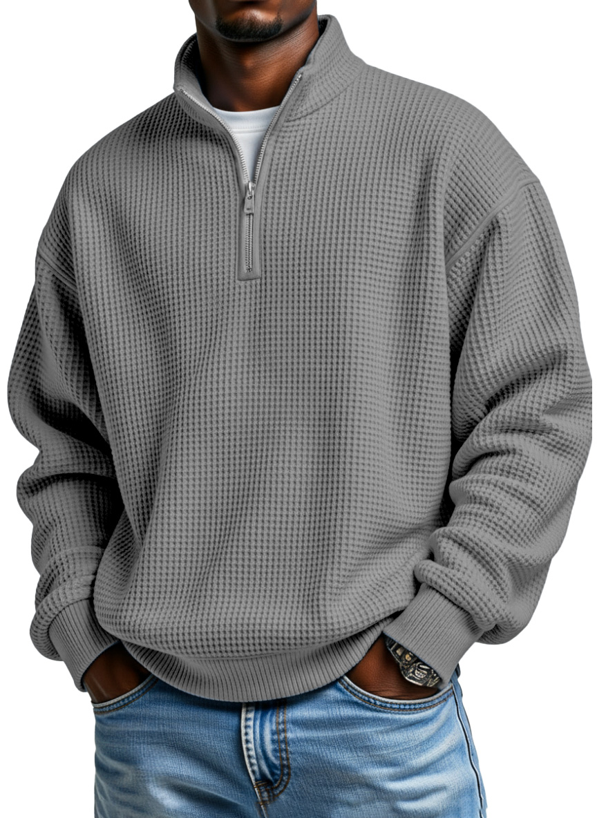 Men's Daily Loose And Simple Waffle Half-zip Stand Collar Long-sleeved Polo Shirt-Comfort & Reliable