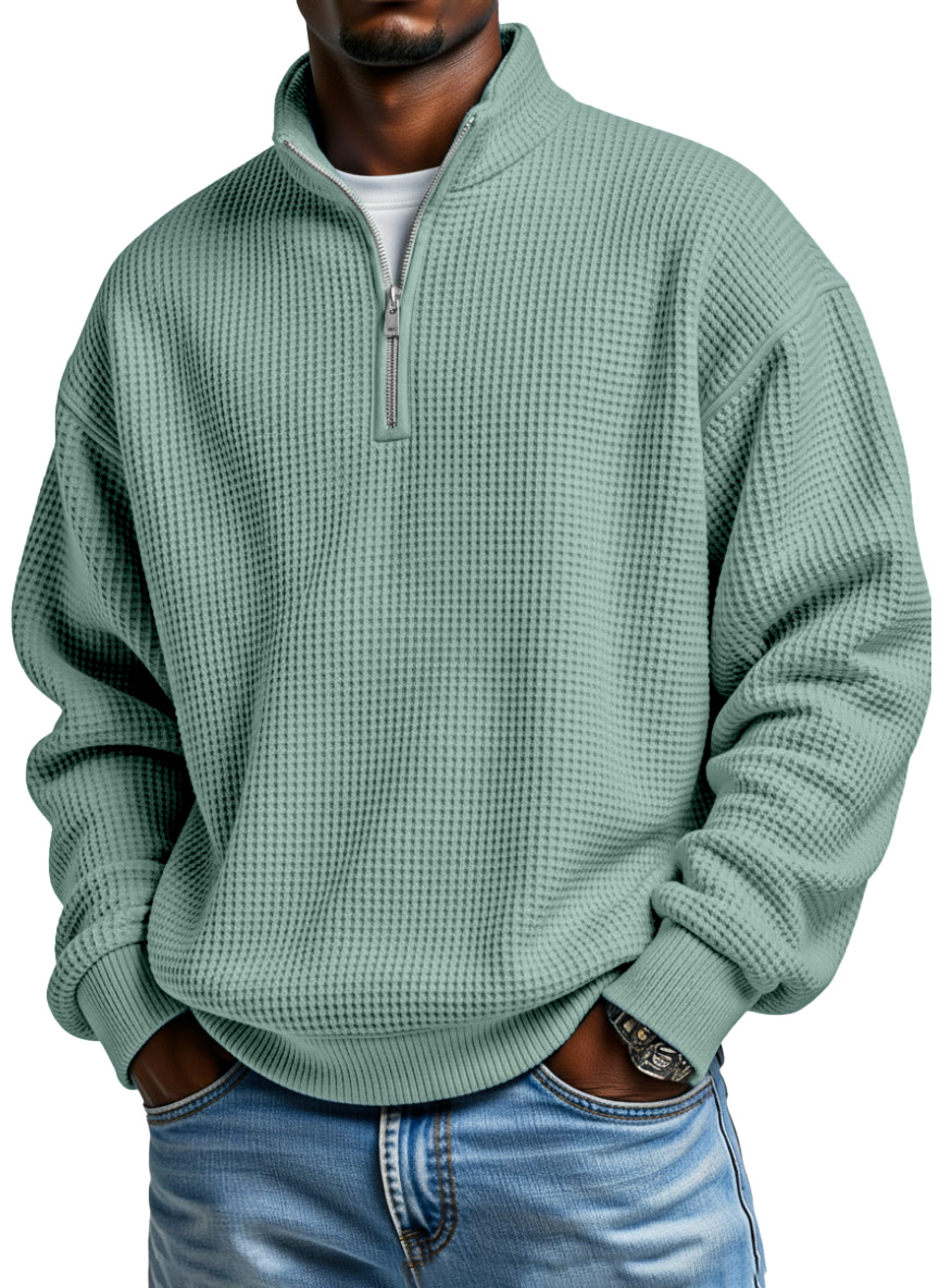 Men's Daily Loose And Simple Waffle Half-zip Stand Collar Long-sleeved Polo Shirt-Comfort & Reliable
