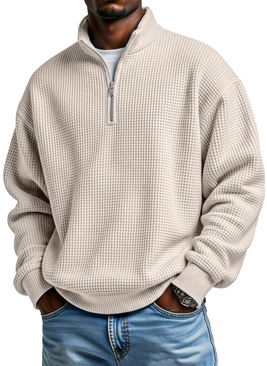 Men's Daily Loose And Simple Waffle Half-zip Stand Collar Long-sleeved Polo Shirt-Comfort & Reliable
