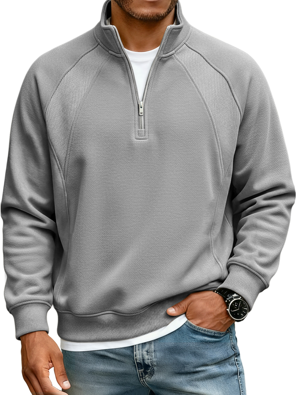 Men's Simple Raglan Stitching Stand Collar Zipper Casual Loose Sweatshirt-Comfort & Reliable