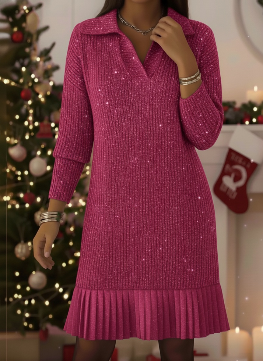 CLEARANCE SALE🔥Women's Elegant Polo Neck Shimmering Knit Dress