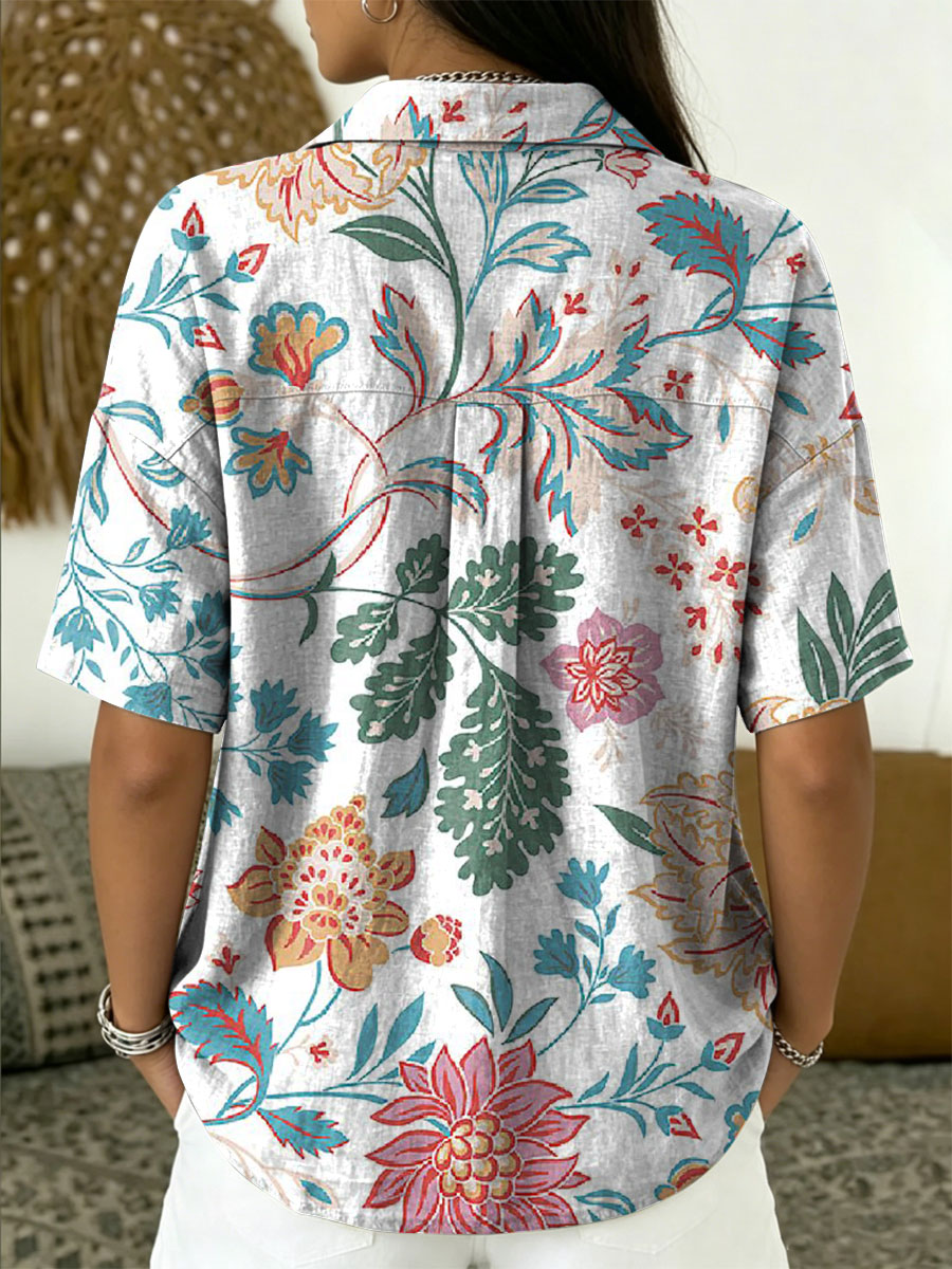Women's Vintage Botanical Floral Casual Polo Collar Short-sleeved Linen And Cotton Shirt