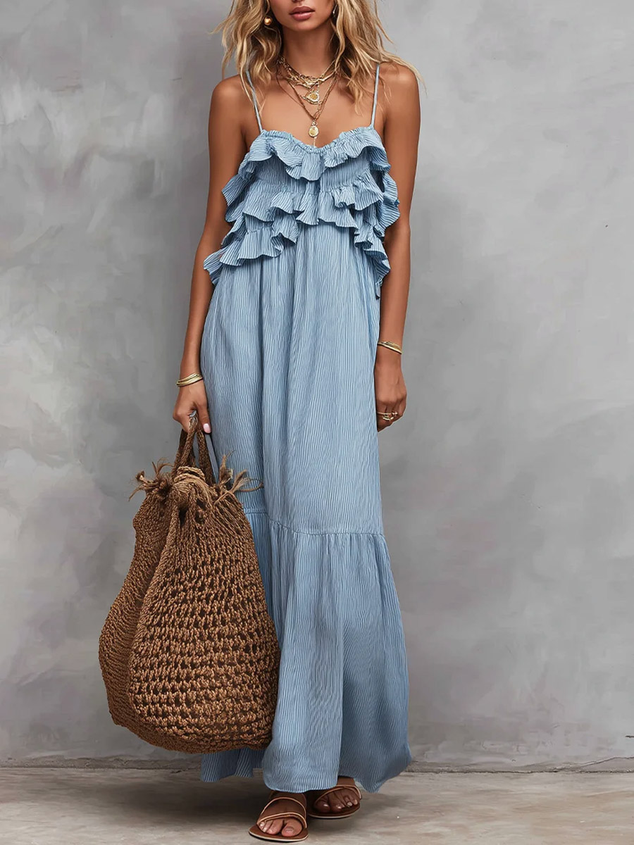 Women's Stripe Ruffled Art Casual Stylish Comfortable Cotton Linen Dress