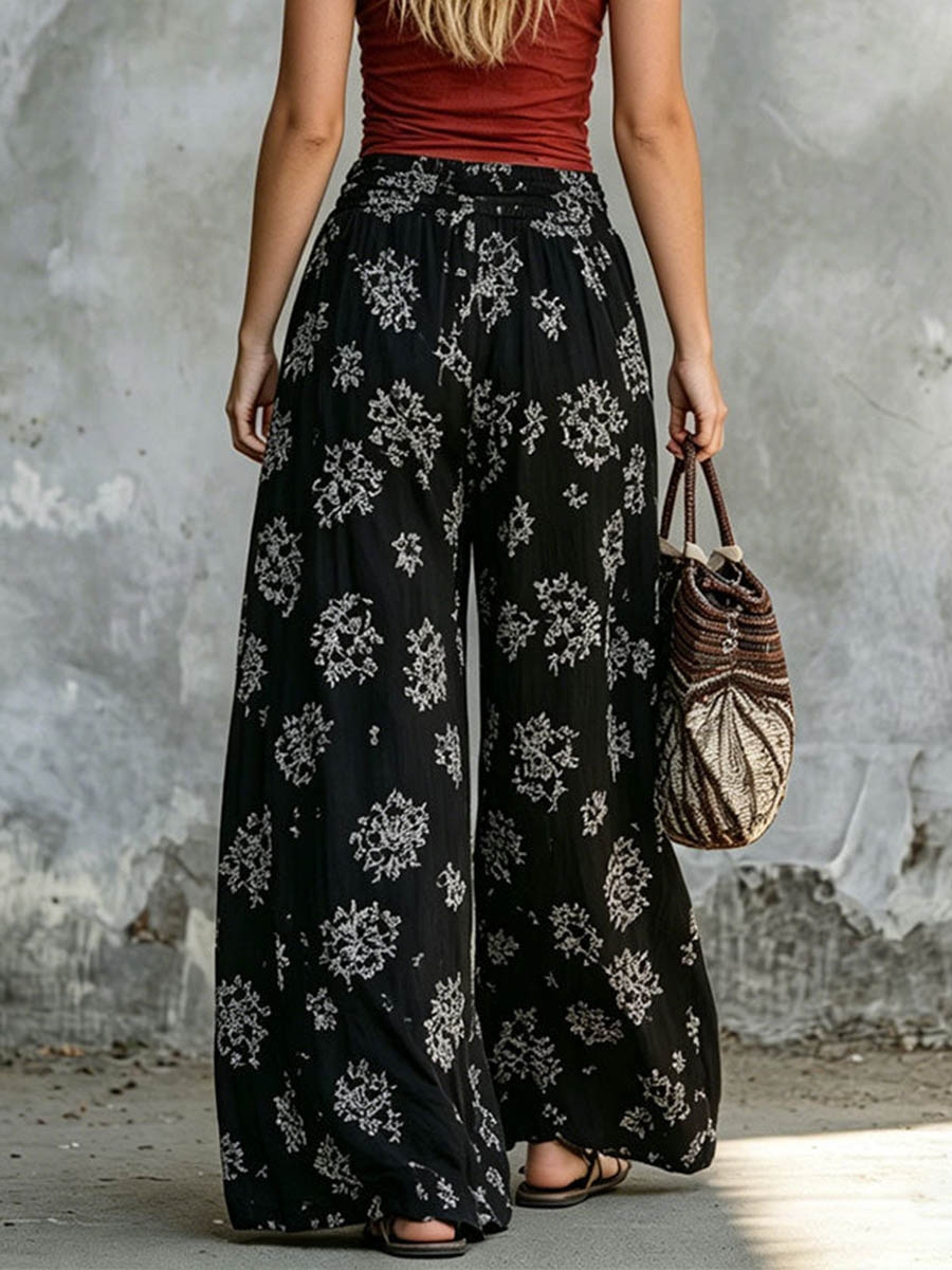 Women's Floral Print Cotton-linen Wide-leg Pants With Elastic Waist