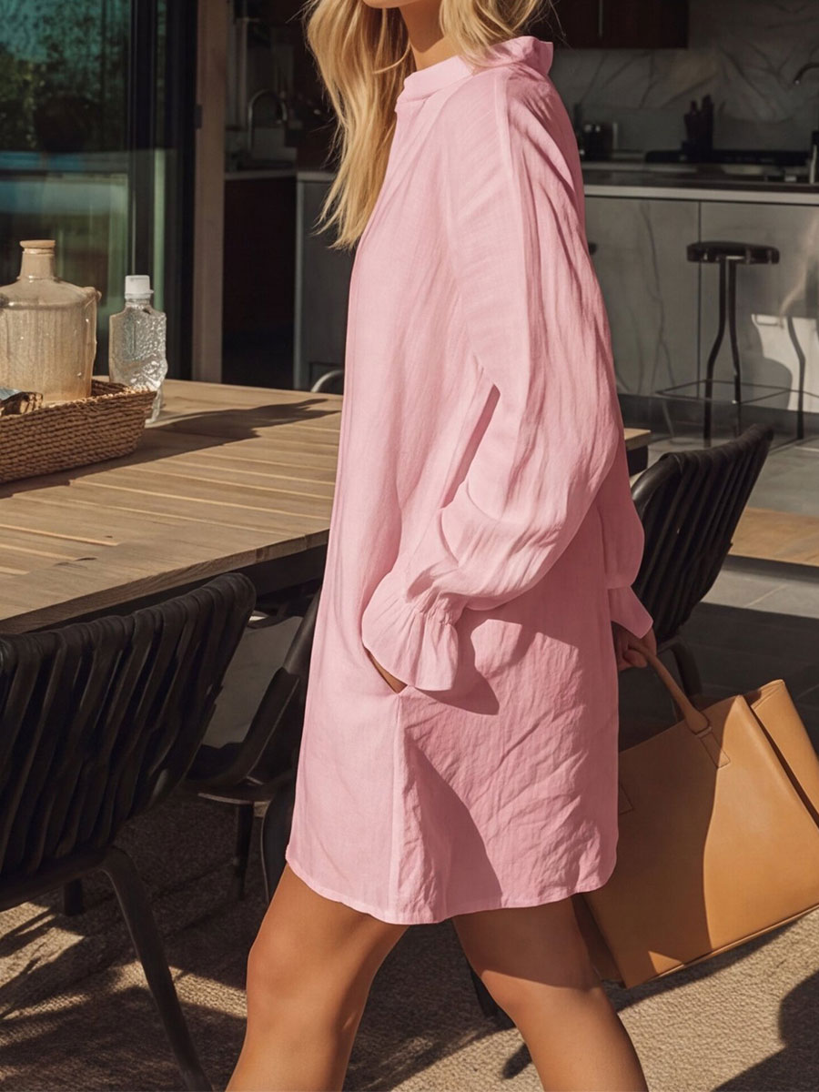 Women's Long Sleeves Minimalist-retro Style: Loose-fit Henley Shirt Dress