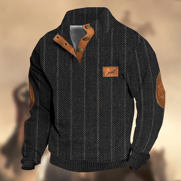 Men's Retro Country Casual Twill Wool Elk Logo Stand Collar Button Sweatshirt-Comfort & Reliable