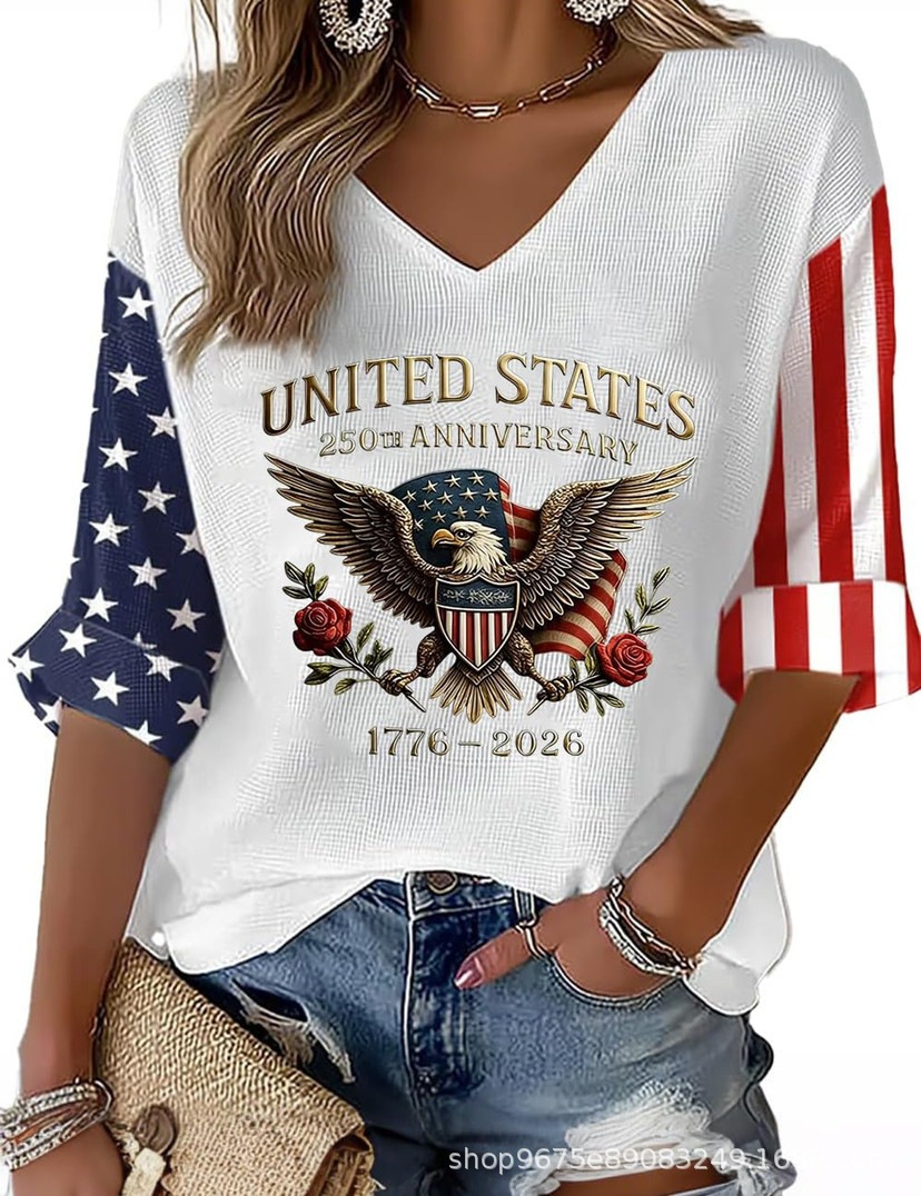 Women's American 250th Anniversary Three-Quarter Sleeve V-Neck Top