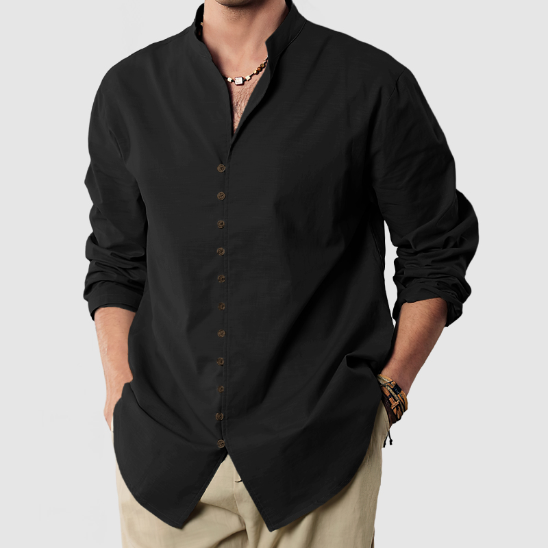Gentleman's Standing Collar Button Down Cotton Linen Shirt-Comfort & Reliable