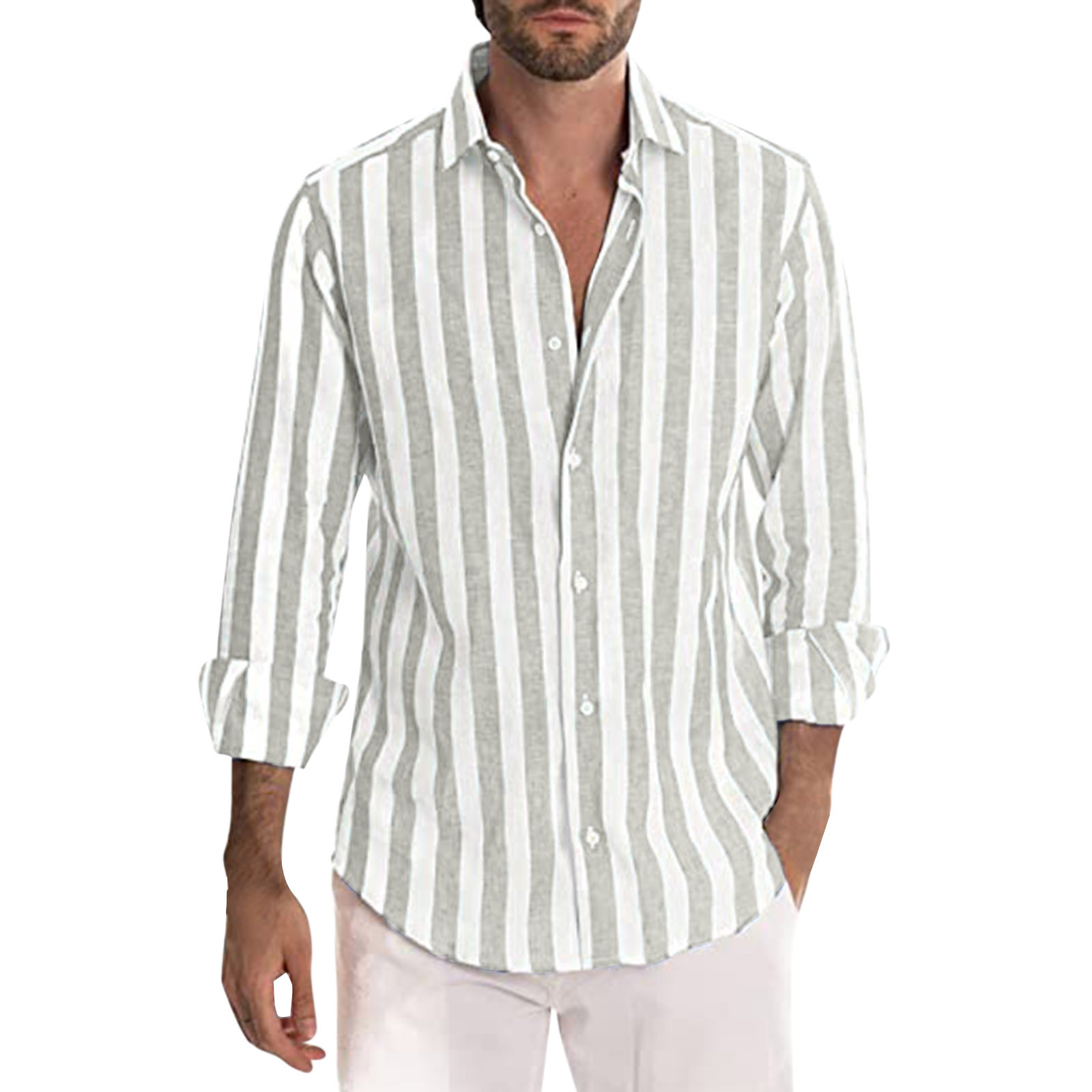 Men Fashion Casual Striped Print Cotton Linen Buckle Turn Down Collar Long Sleeve Shirt-Comfort & Reliable