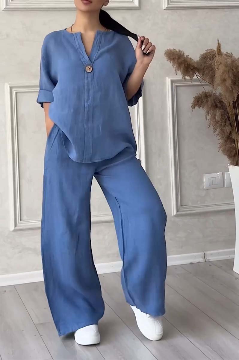 Casual button decorated cotton and linen two-piece set-Comfort & Reliable