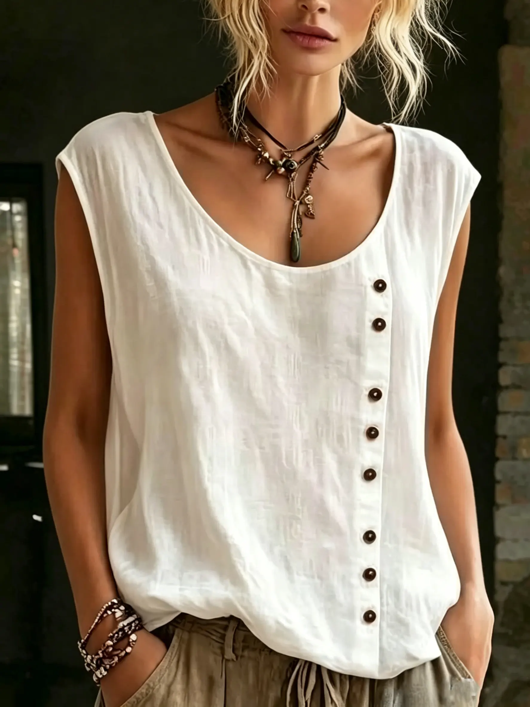 Women's Solid Linen Blend Button Detail Sleeveless Top