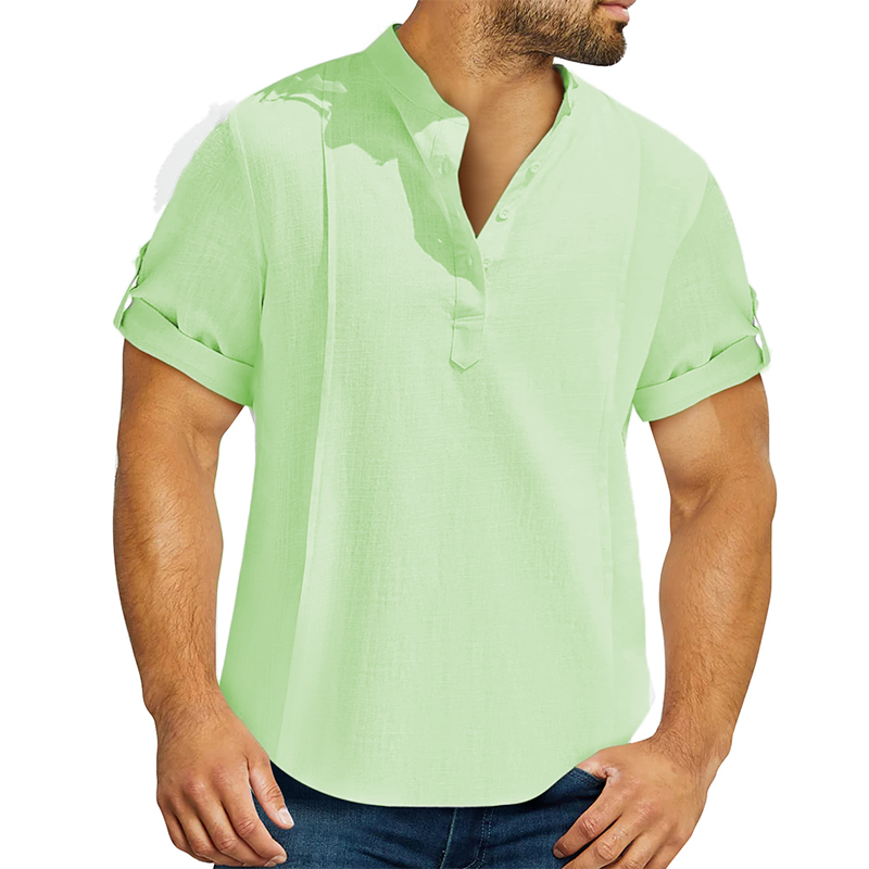 Men's linen cotton Henley shirt casual shirt short sleeve T shirt-Comfort & Reliable
